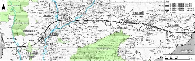 ▲山梨県内のリニア実験線と中央新幹線予定ルート（JR東海ホームページより）